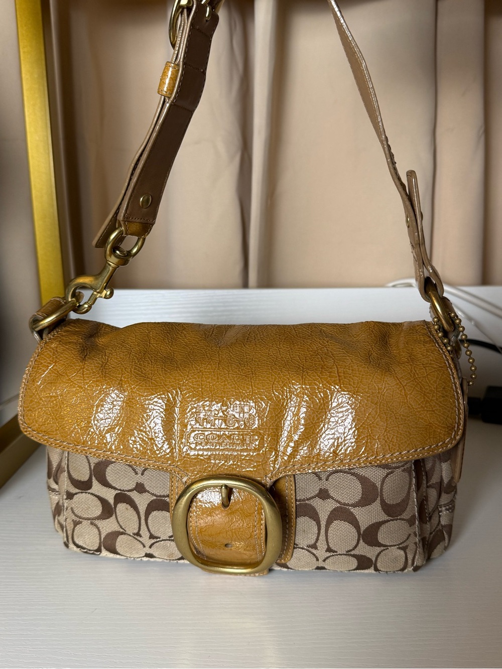 Coach Tan Leather & Signature Canvas Buckle Shoulder Bag